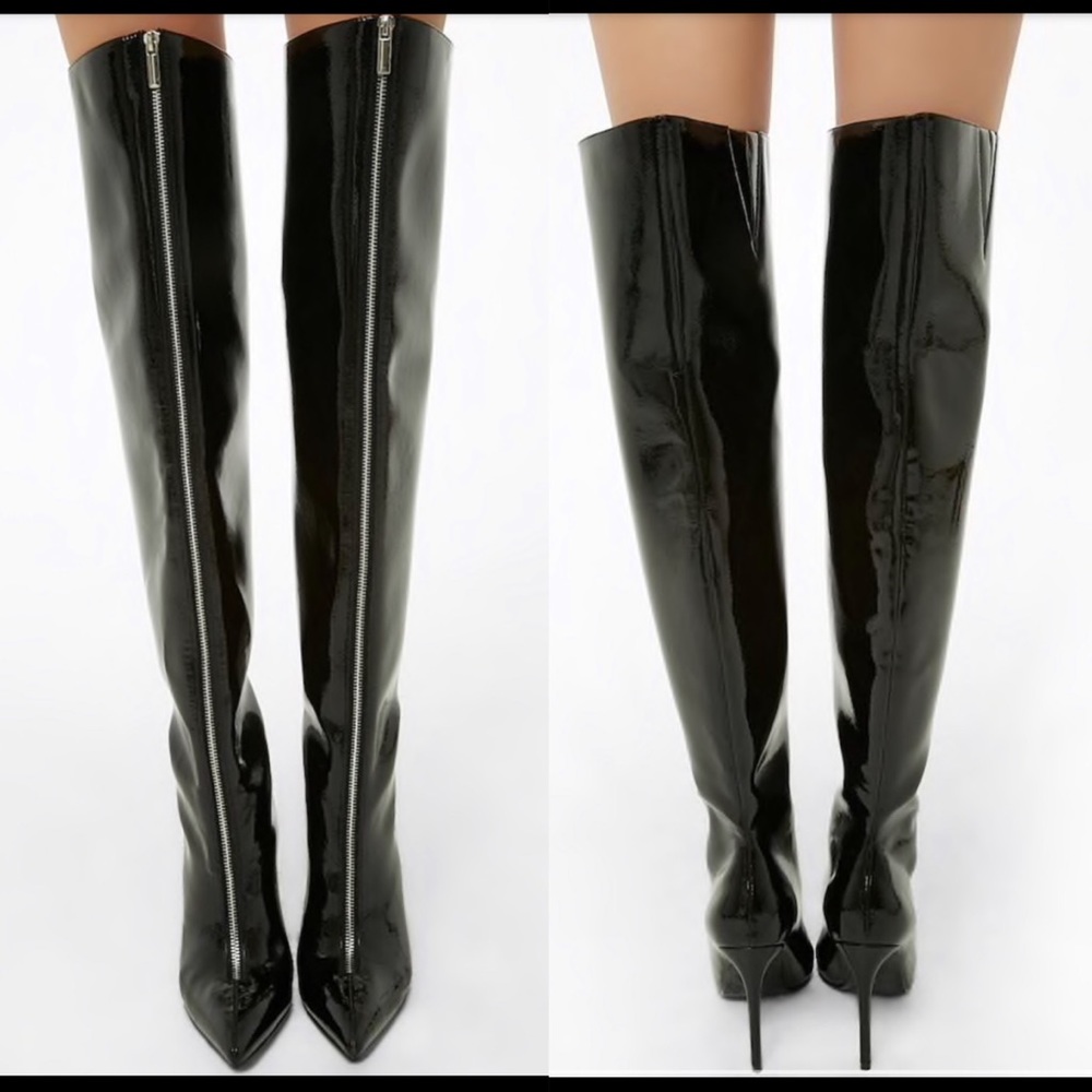 Black patent leather over the knee heel boots